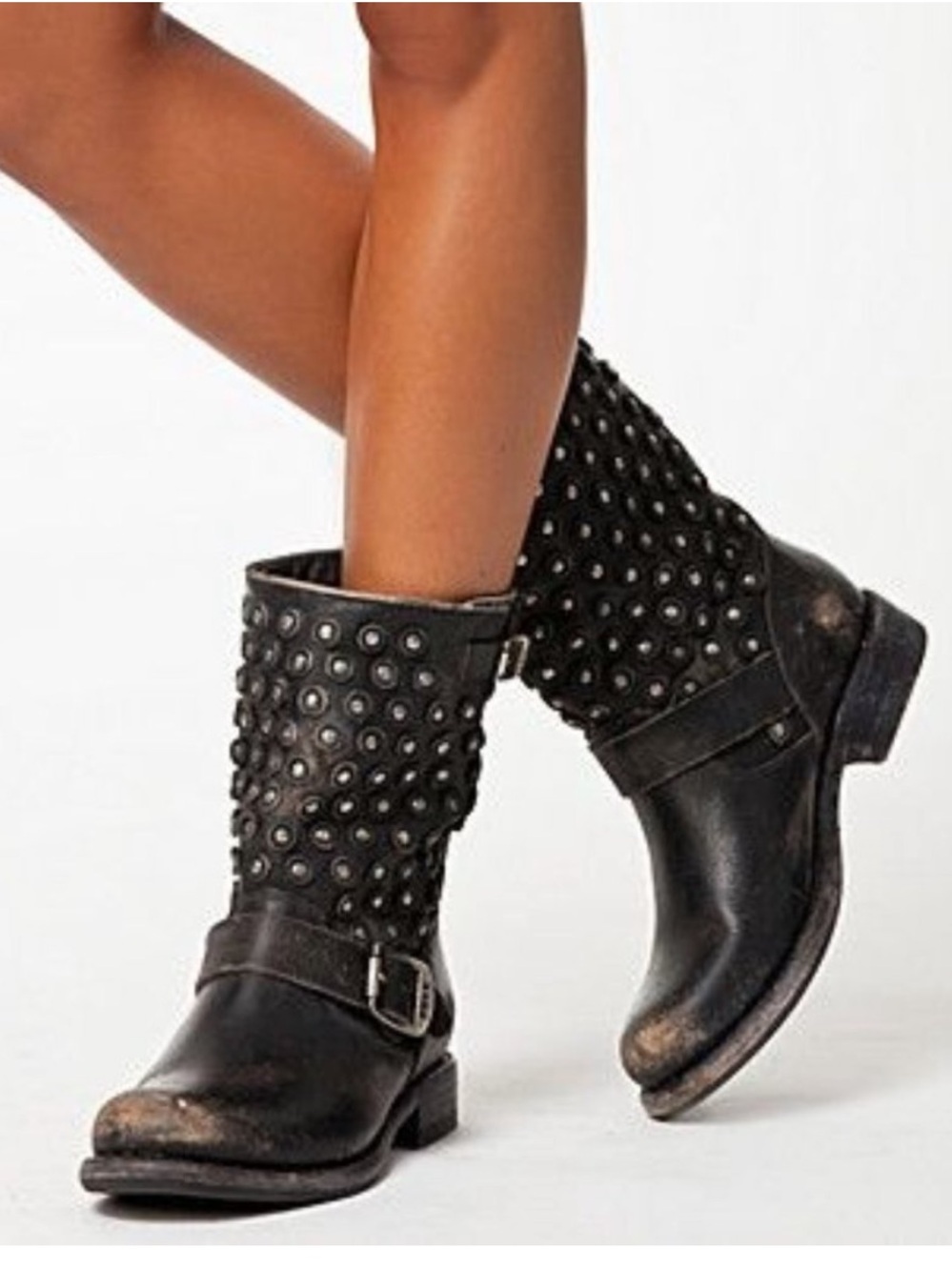 Frye Jenna distressed black leather silver studded motorcycle combat boots